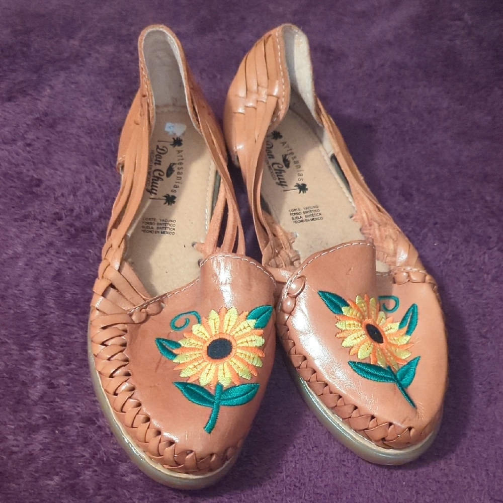 ! Sunflower Embroidered Tan Flats